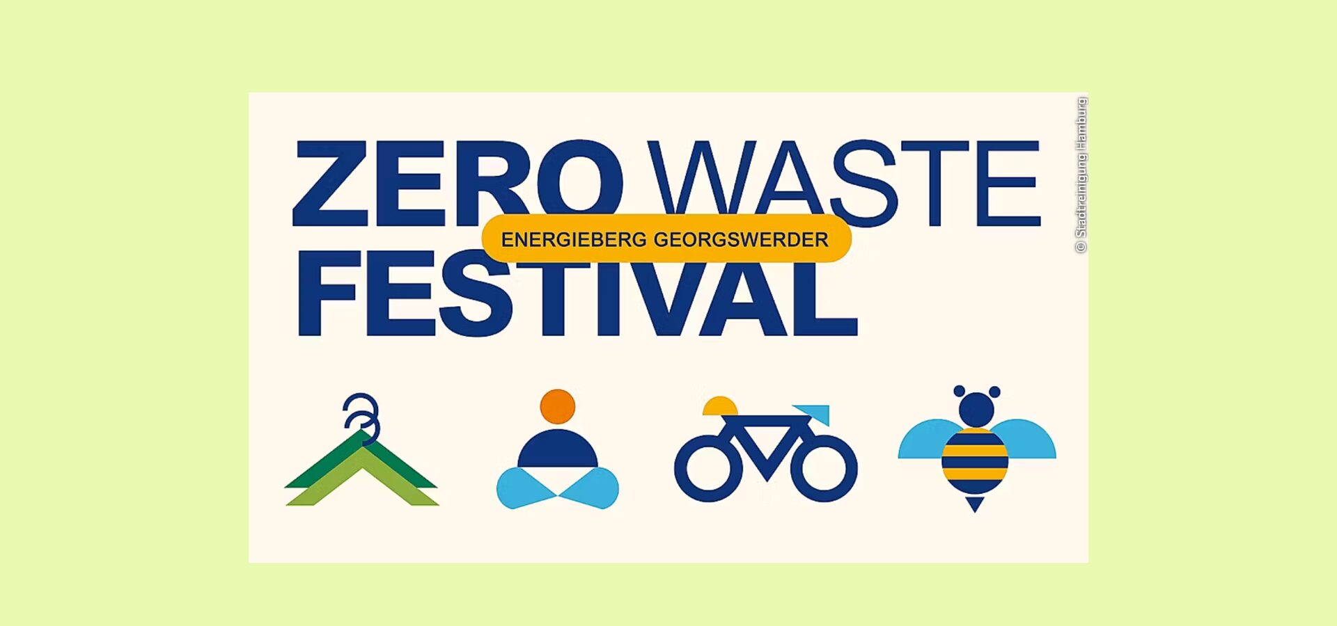 Plakat für das Zero Waste Festival Hamburg mit Icon wie Bügel, Biene und Fahrrad.